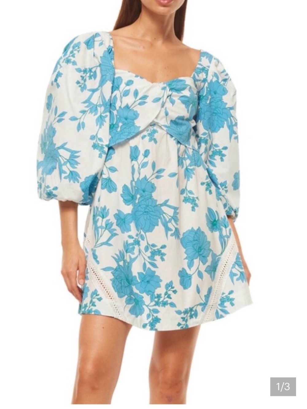 Misa Giada blue white floral puff sleeve mini dress